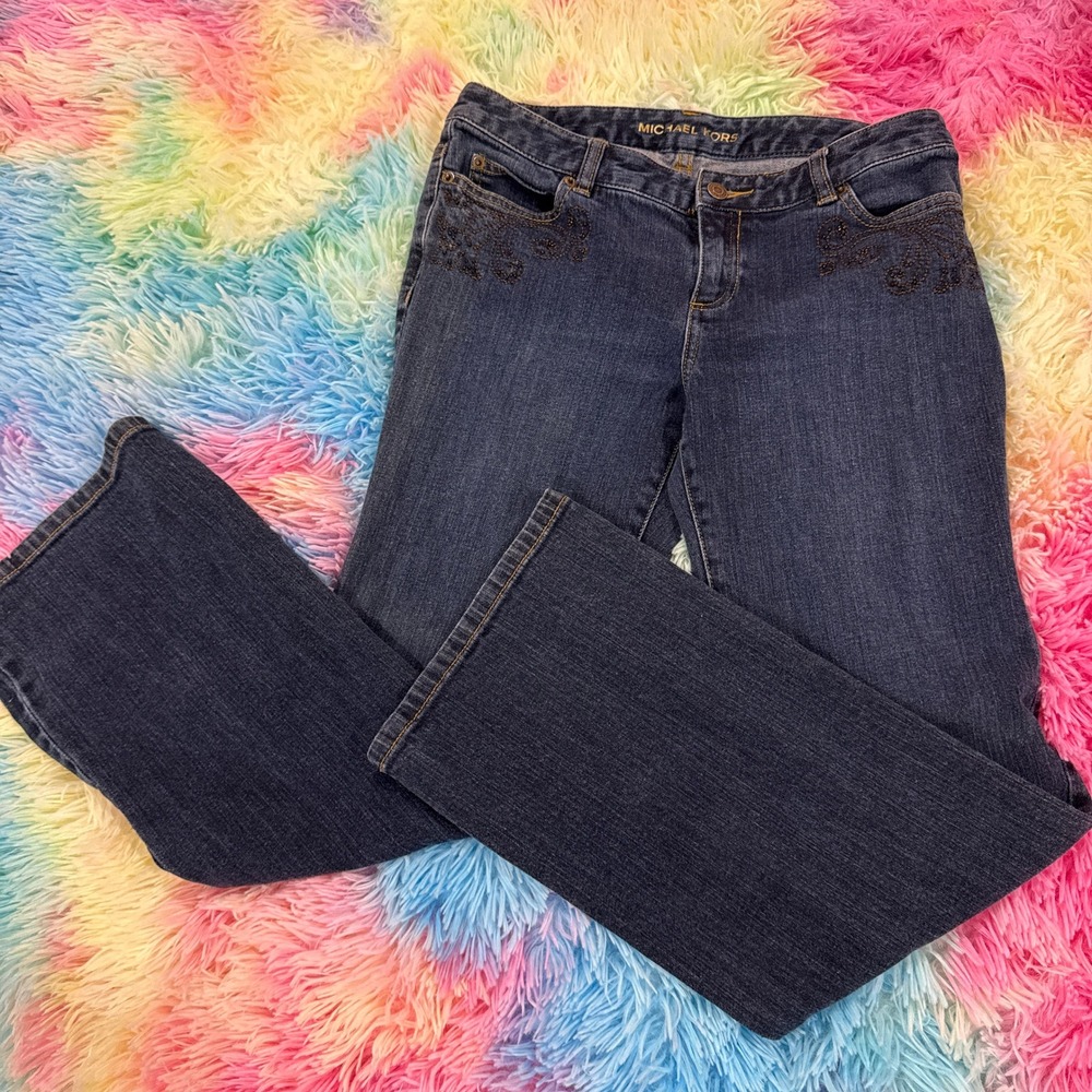 Michael Kors Womens Beaded Scrollwork Bootcut Jeans Dark Wash Petite 6P‎ Stretch
